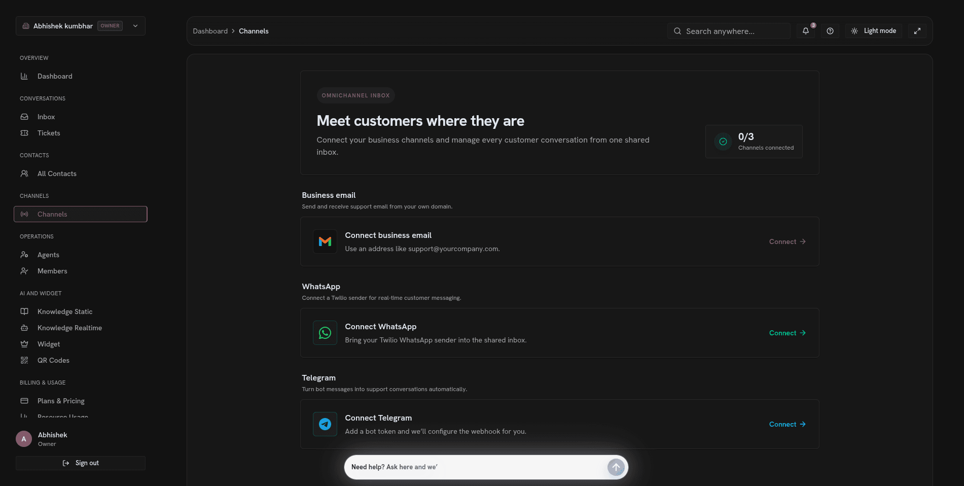 InteraOne channel configuration for an in-product AI agent, email, WhatsApp, and Telegram
